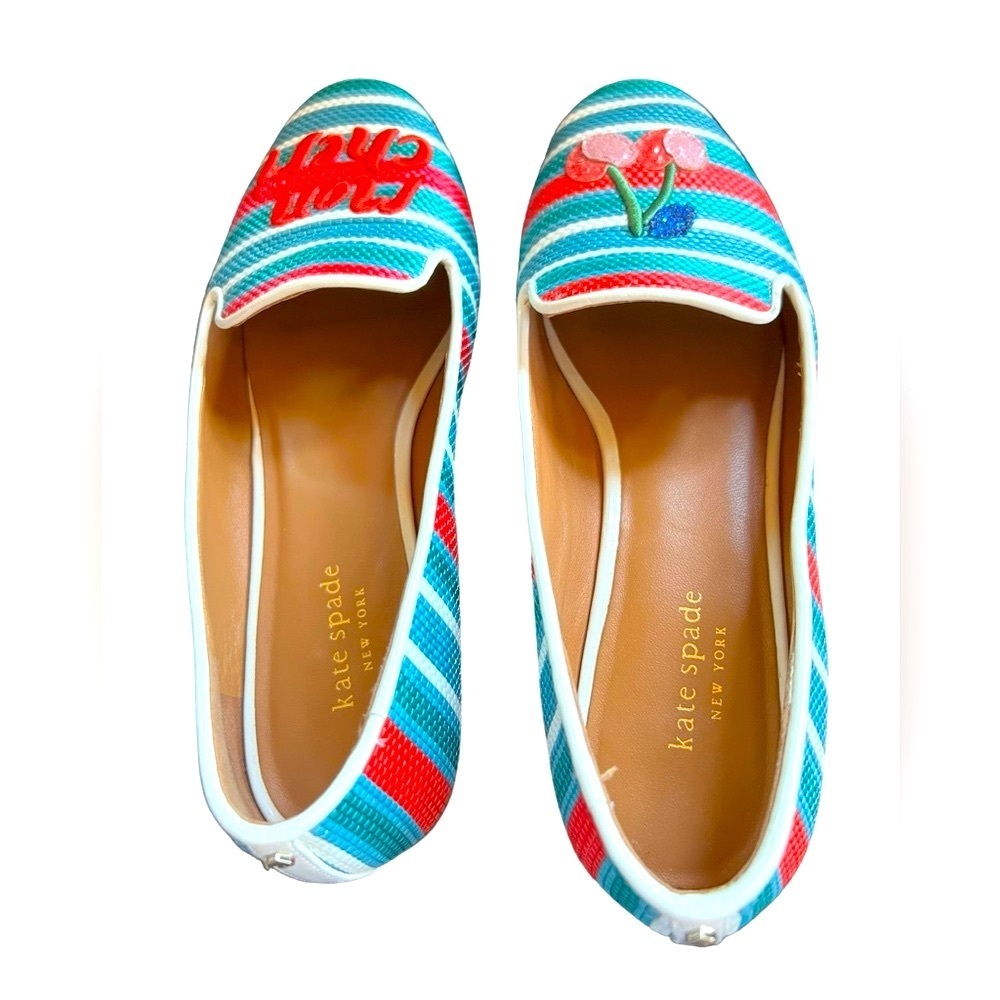 kate spade loafers flats women’s 9B ‘mon cheri’ raffia cherries striped . - Picture 7 of 14